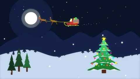 Pixel art Santa sleigh flying over snowy forest loop animation Stock-Footage 346551202