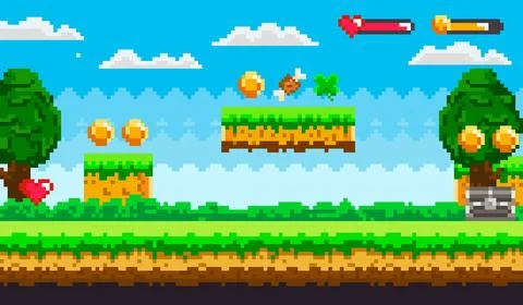 A pixel art scene of a platform game with floating platforms, coins, hearts,  Stockillustratie