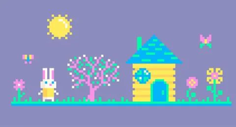 Pixel art scene with rabbit. Stock Illustration