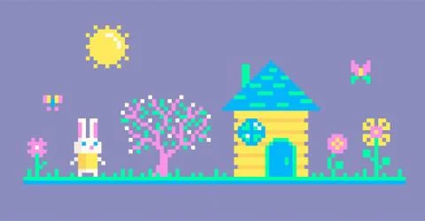 Pixel art scene with rabbit. Stock-Illustration