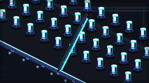 Pixel art sci-fi lab cylinders with glowing blue liquid and scanning light Stock Footage 347249347