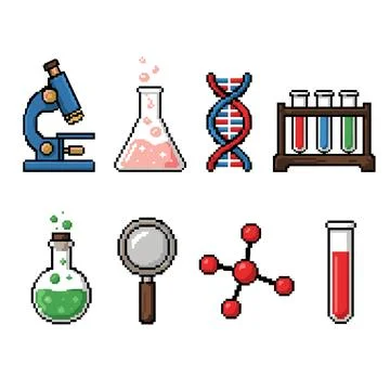Pixel art science icons set featuring microscope, DNA, test tubes, flask, m.. Stock Illustration