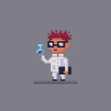Pixel art scientist conducts a scientific experiment. Stock Illustration
