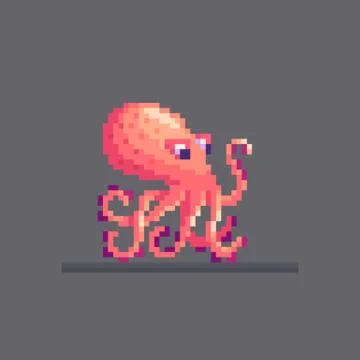 Pixel art sea pink octopus. Stock Illustration