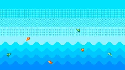 Pixel art sea waves background with fish jumping out of water. Vector seamless Stock Illustration