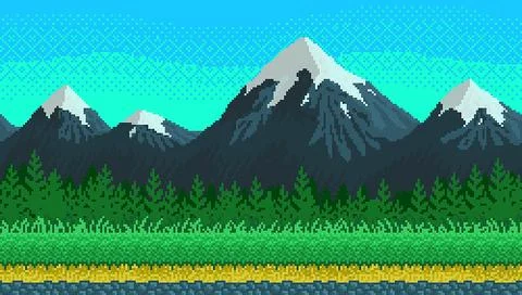 Pixel art seamless background with mountains. 스톡 일러스트