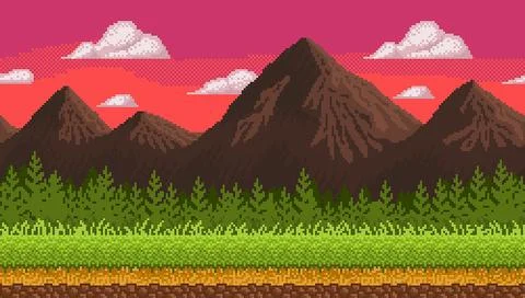 Pixel art seamless background with mountains. 스톡 일러스트