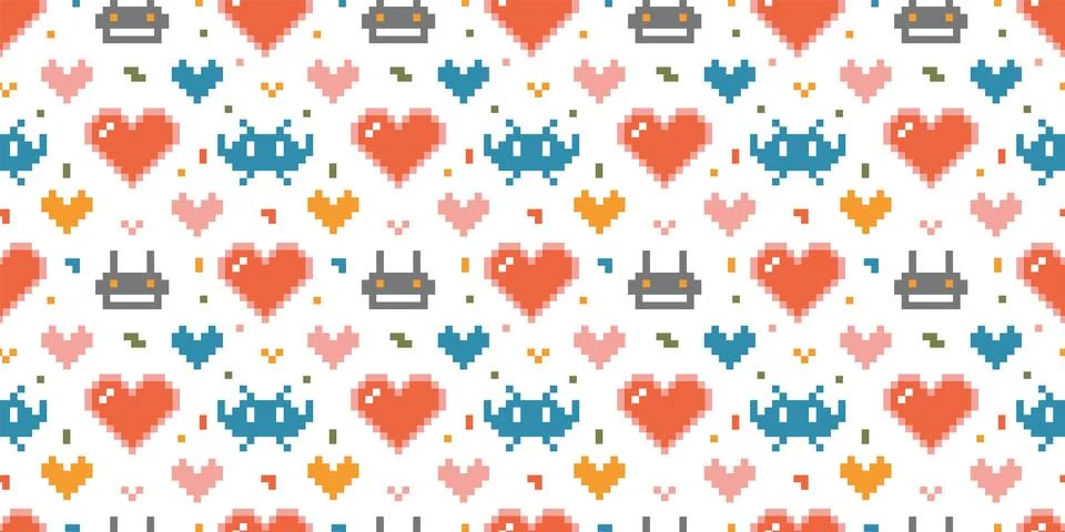 Pixel art Seamless pattern with alien, robot and hearts, digital drawing, ret Stock Illustration