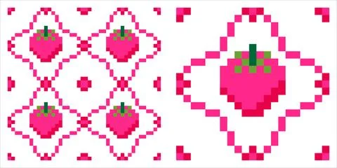 Pixel art seamless pattern with a bright pink strawberry and green leaves, .. イラスト素材
