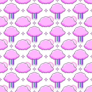 Pixel art seamless pattern with clouds with rainbow and suns  on white back.. Stock Illustration