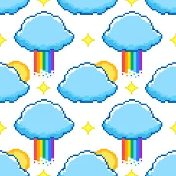 Pixel art seamless pattern with clouds with rainbow and suns  on white back.. Stock Illustration