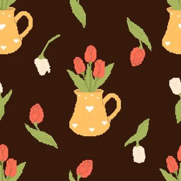 Pixel Art Seamless Pattern Flower Tulips in Vintage Vase on Black Backgroun.. Stock Illustration