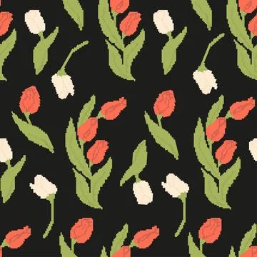 Pixel Art Seamless Pattern with flower Tulips on Black Background. Spring F.. Stock Illustration