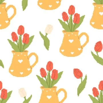 Pixel Art Seamless Pattern. Flower Tulips Bouquet in Jug on White Backgroun.. Stock Illustration