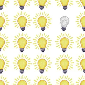 Pixel art seamless pattern. Glowing yellow light bulbs, idea concept. One gray Stock Illustration