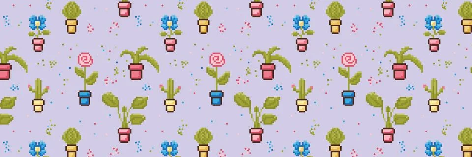Pixel Art. Seamless pattern with indoor plants on a purple background. Stock Illustration