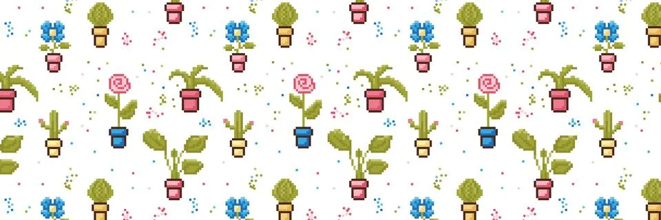 Pixel Art. Seamless pattern with indoor plants. Stock Illustration
