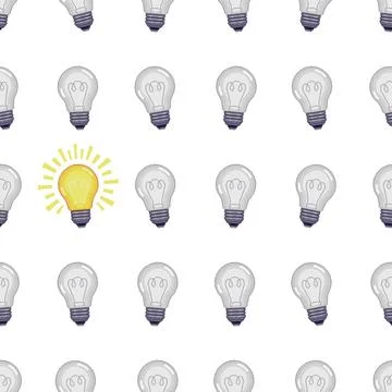 Pixel art seamless pattern with many gray light bulbs and one yellow glowing Stock Illustration
