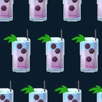 Pixel art seamless pattern with refreshing blackberry cocktail. Stock Illustration