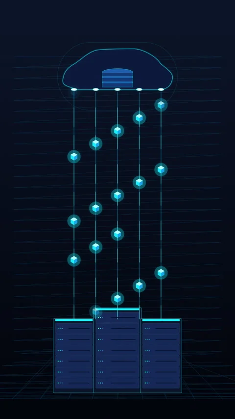 Pixel art server rack and cloud data transfer with glowing nodes loop Video stock 347210911