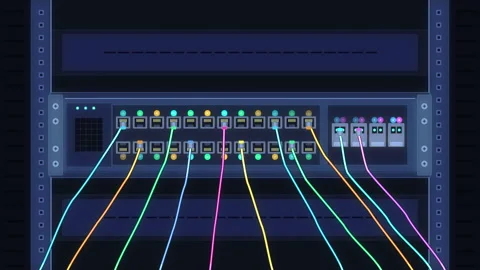 Pixel art server rack with glowing network cables and switch ports Stock Footage 347250632