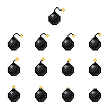 Pixel art set of bomb with burning fuse. 8-bit game design asset vector ani.. 스톡 일러스트