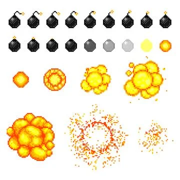Pixel art set of bomb exploding frames. Vector 8-bit game design asset. 스톡 일러스트