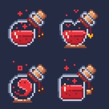 Pixel art set of bottles with red magic, healing potion and elixir. Illustrazione stock
