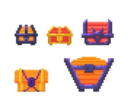 Pixel art set of closed treasure chests different forms and sizes. Stock Illustration
