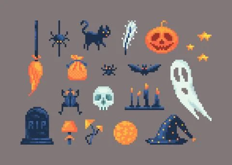 Pixel art set of different items for design on Halloween. Stock-Illustration