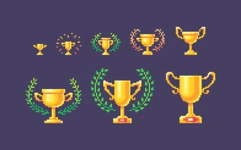 Pixel art set of winner cups. Stock Illustration