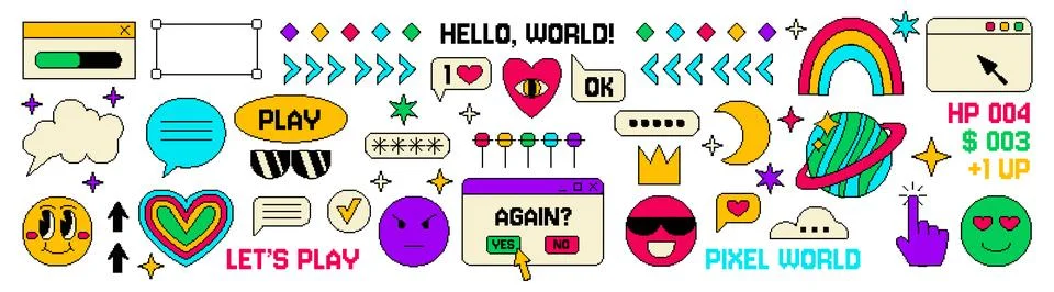 Pixel art shape. 2000s icon. Youth anime label. Old kawaii emoji. Abstract bi Illustrazione stock