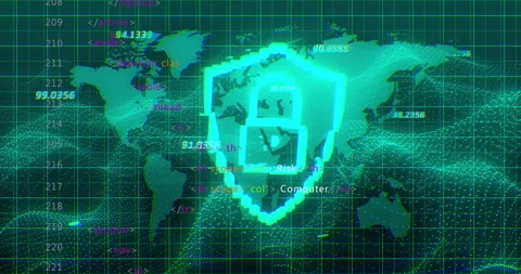 Pixel-art shield icon being animated over world map with neon grid, code Видео 309108932