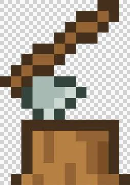 Pixel art is showing brown axe embedding grey blade into wood block, transparent Illustrazione stock