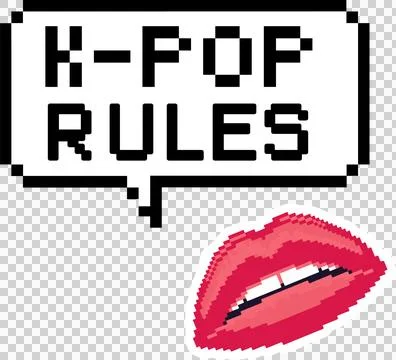 Pixel art showing speech bubble with K-POP RULES and red lips on transparent Illustrazione stock