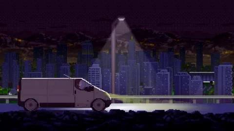 Pixel art side view of a van driving on a night road with street lights city Stock Footage 329455792