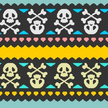 Pixel art Skull cartoon Pattern seamless . 8 bit funny skeleton head Backgrou Illustrazione stock