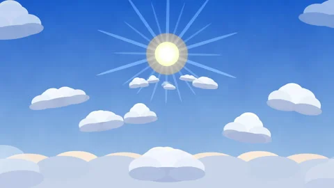 Pixel art sky animation loop, bright sun, white clouds, retro video game Stock Footage 347949542