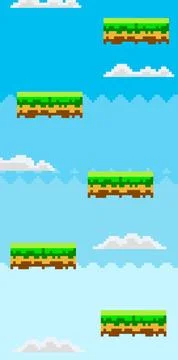 Pixel Art Sky with Floating Platforms and Clouds resembling a Classic Video.. Illustrazione stock