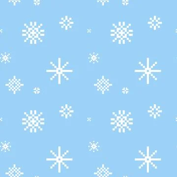Pixel art snowflake seamless pattern. Christmas background with mosaic fall.. Stock Illustration