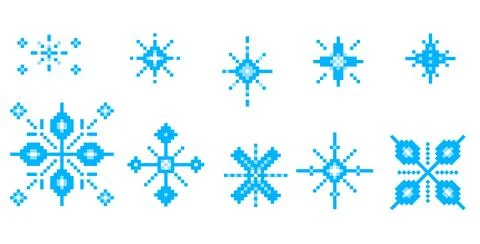 Pixel art snowflakes. 8 bit sparkles. Winter Christmas decoration in retro 90s Stock Illustration