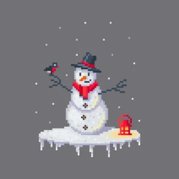 Pixel art snowman in hat. Stock Illustration