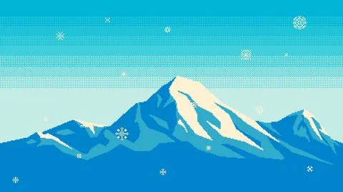 Pixel art snowy mountains with falling snowflakes. Landscape for game or Stock Illustration