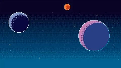 Pixel art space background. Planets and stars in retro 8 bit video game sty.. Stock Illustration
