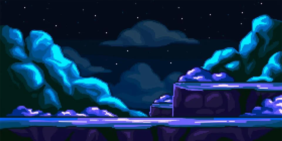 Pixel art space background. Space landscape of planet or moon surface with Stock Illustration