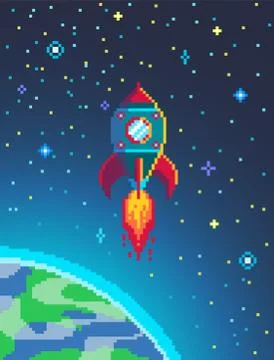 Pixel art spaceship rocket launch. Stock Illustration