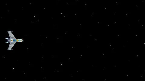 Pixel art spaceship in starry space background, retro arcade style Illustrazione stock