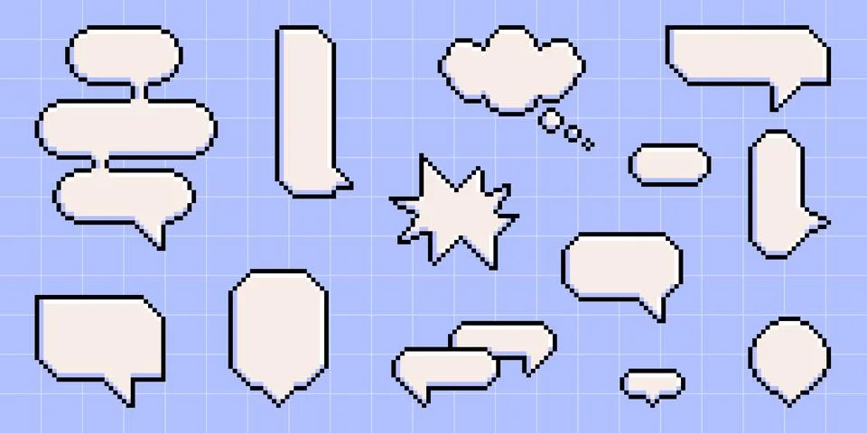 Pixel art speech bubble collection on blue grid Stock Illustration