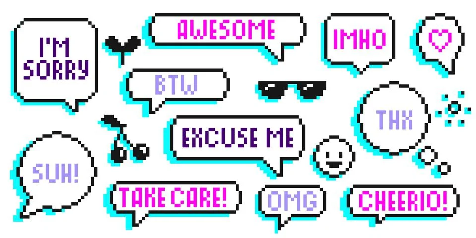 Pixel art speech bubble with text phrases Illustration