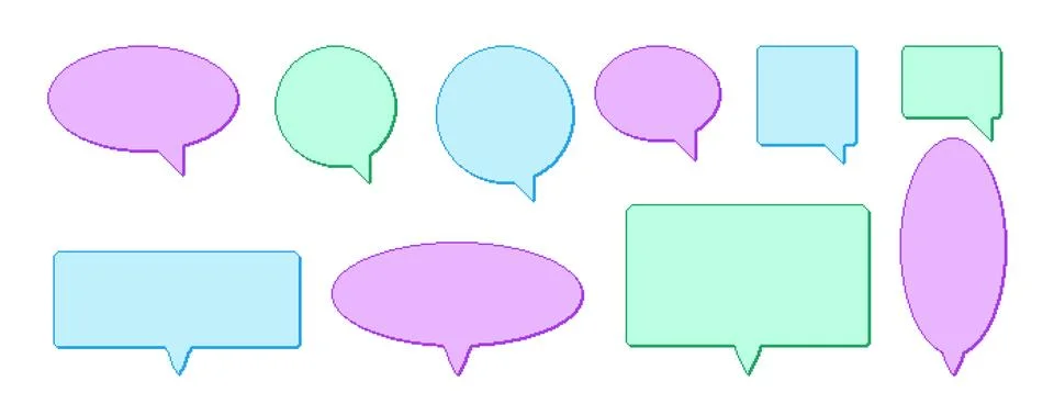 Pixel art speech bubbles. 8 bit colorful text boxes set. Rectangle and round Stock Illustration